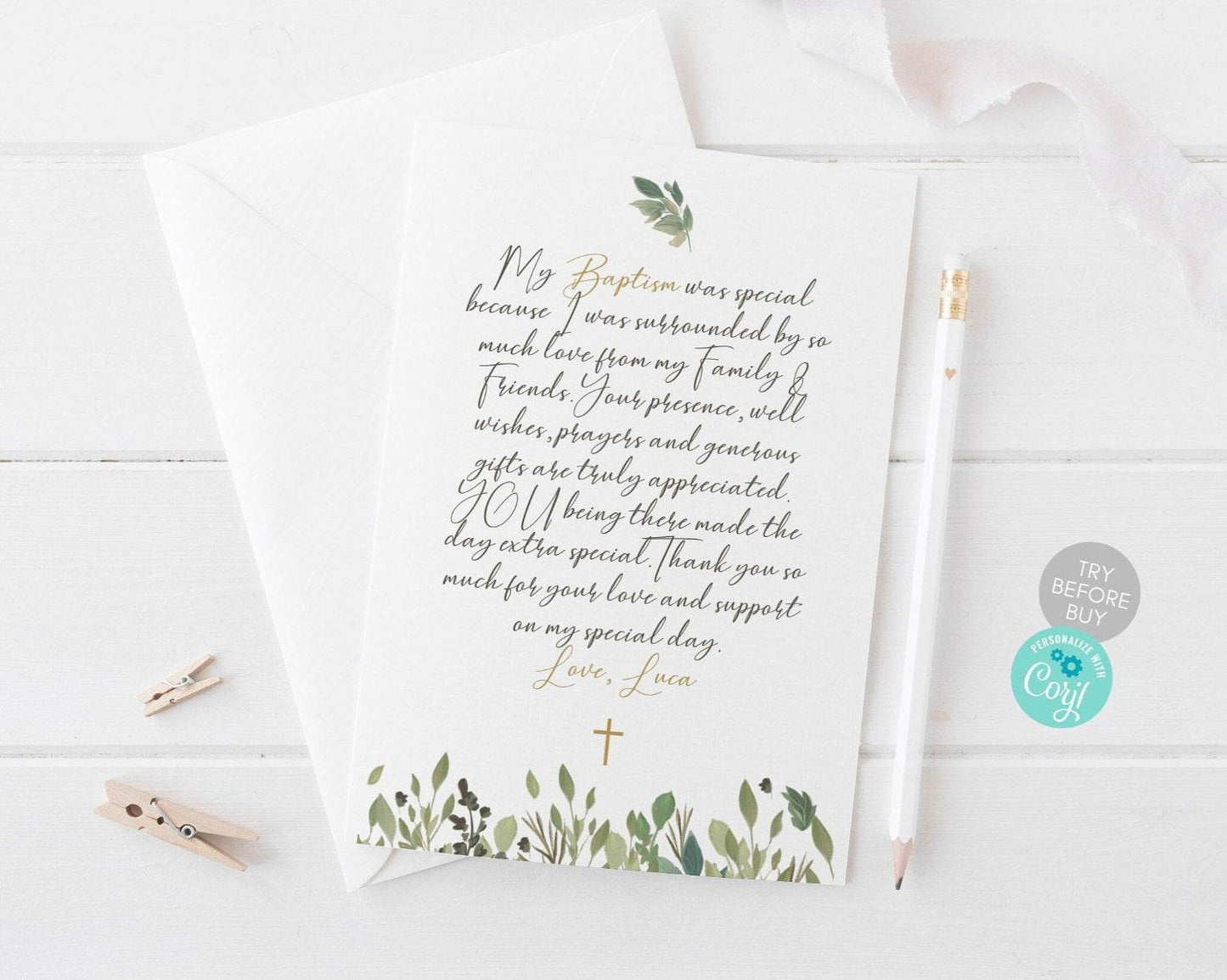 Greenery Thank You Card & Menu Template – Printable Wedding & Baptism Stationery | Editable Menu Card & Thank You Note | Instant Digital Download