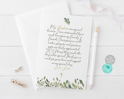 Greenery Thank You Card & Menu Template – Printable Wedding & Baptism Stationery | Editable Menu Card & Thank You Note | Instant Digital Download