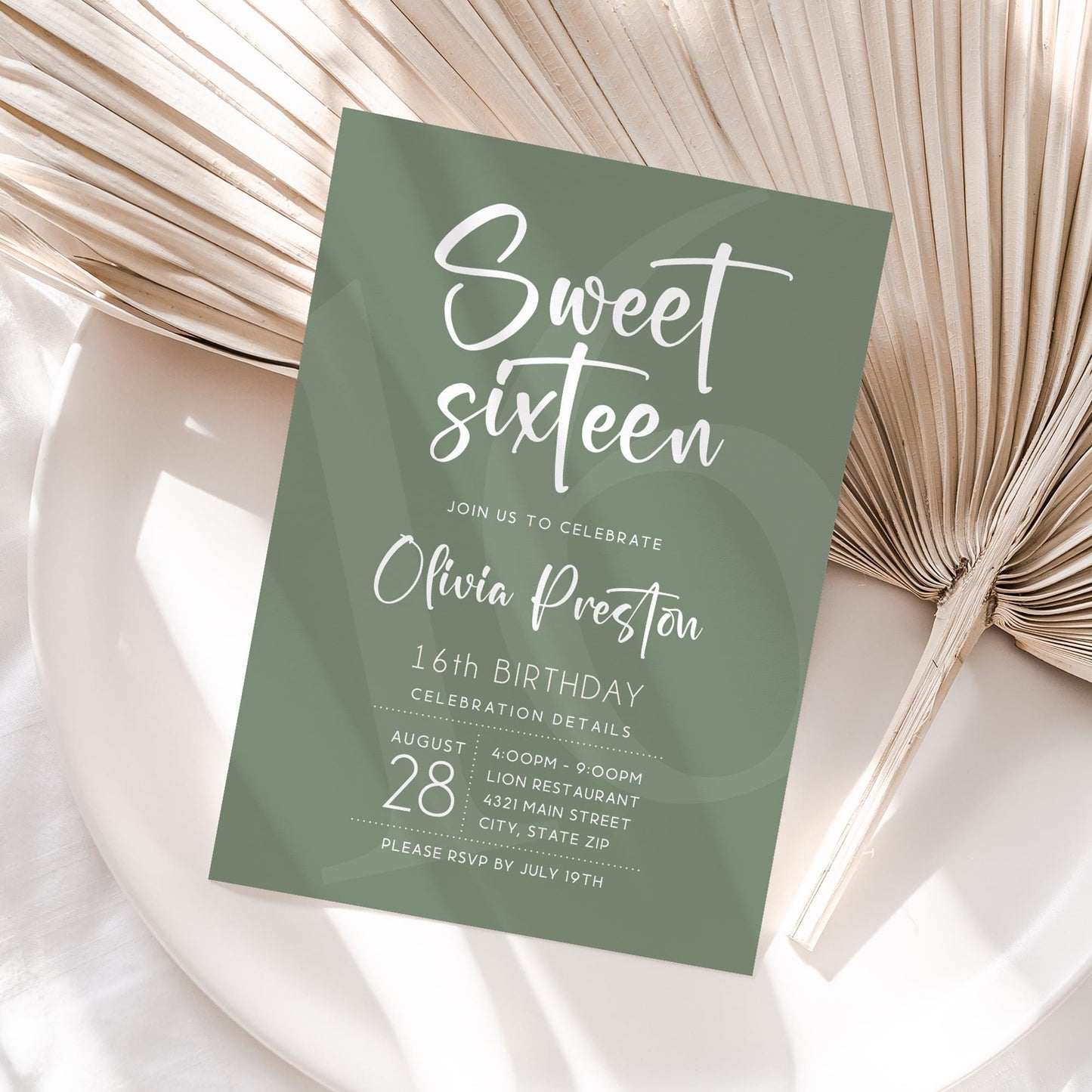 Sweet Sixteen Birthday Invitation Template - Sage Green | Instant Download