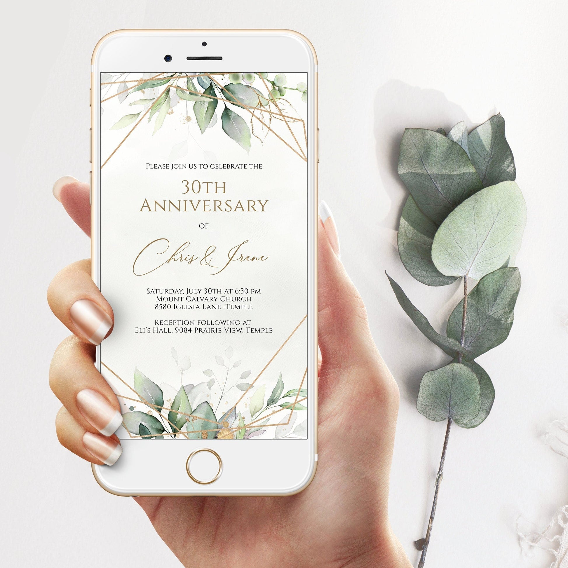 Digital Greenery Gold Geometric Editable Anniversary Electronic Invitation, Foliage 25th 30th 40th Anniversary Template, Instant Download