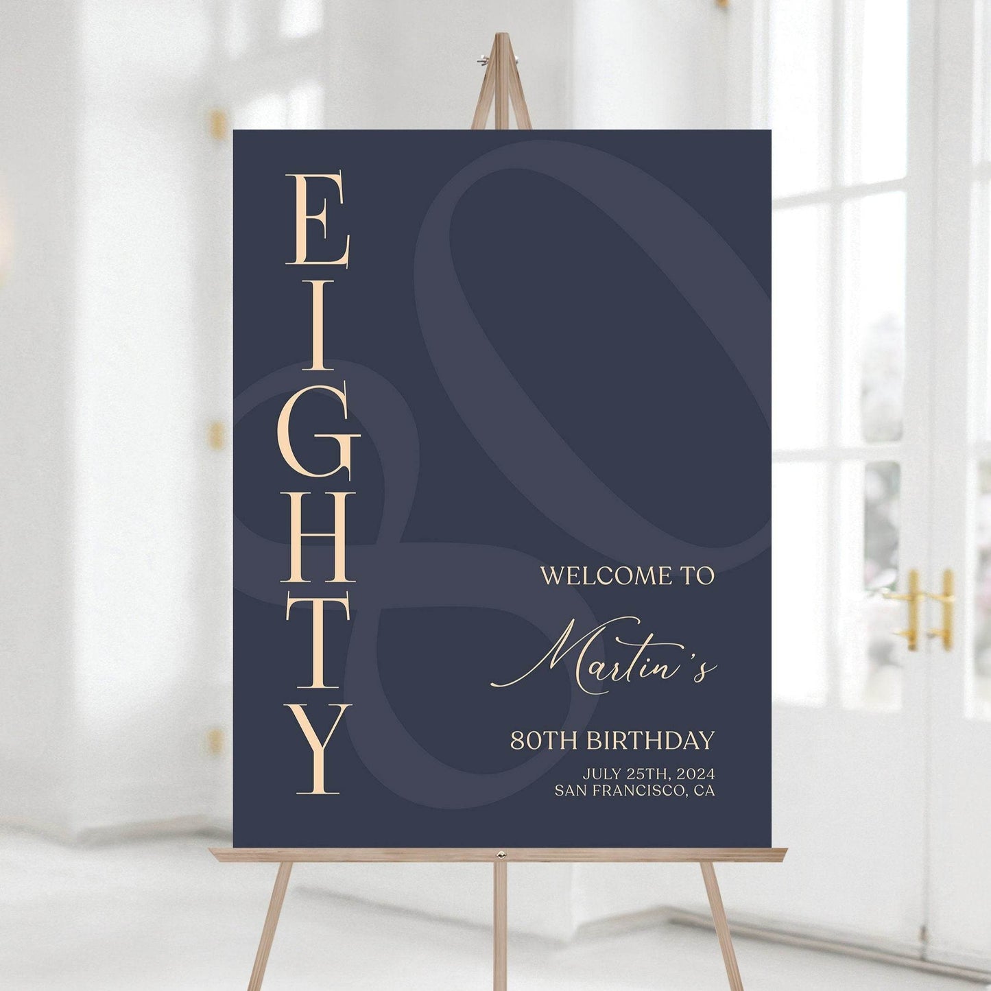 Printable 80th Eighty Birthday Welcome Sign Template, Blue Navy Gold Editable Welcome Sign Poster, Birthday Decoration, Digital Elegant Sign