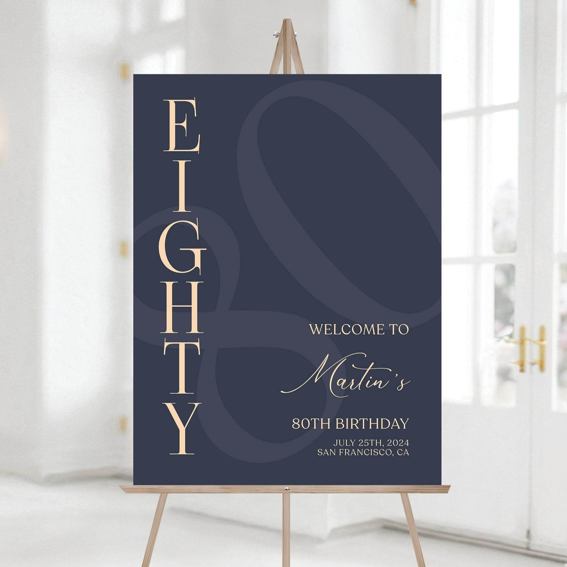 Printable 80th Eighty Birthday Welcome Sign Template, Blue Navy Gold Editable Welcome Sign Poster, Birthday Decoration, Digital Elegant Sign