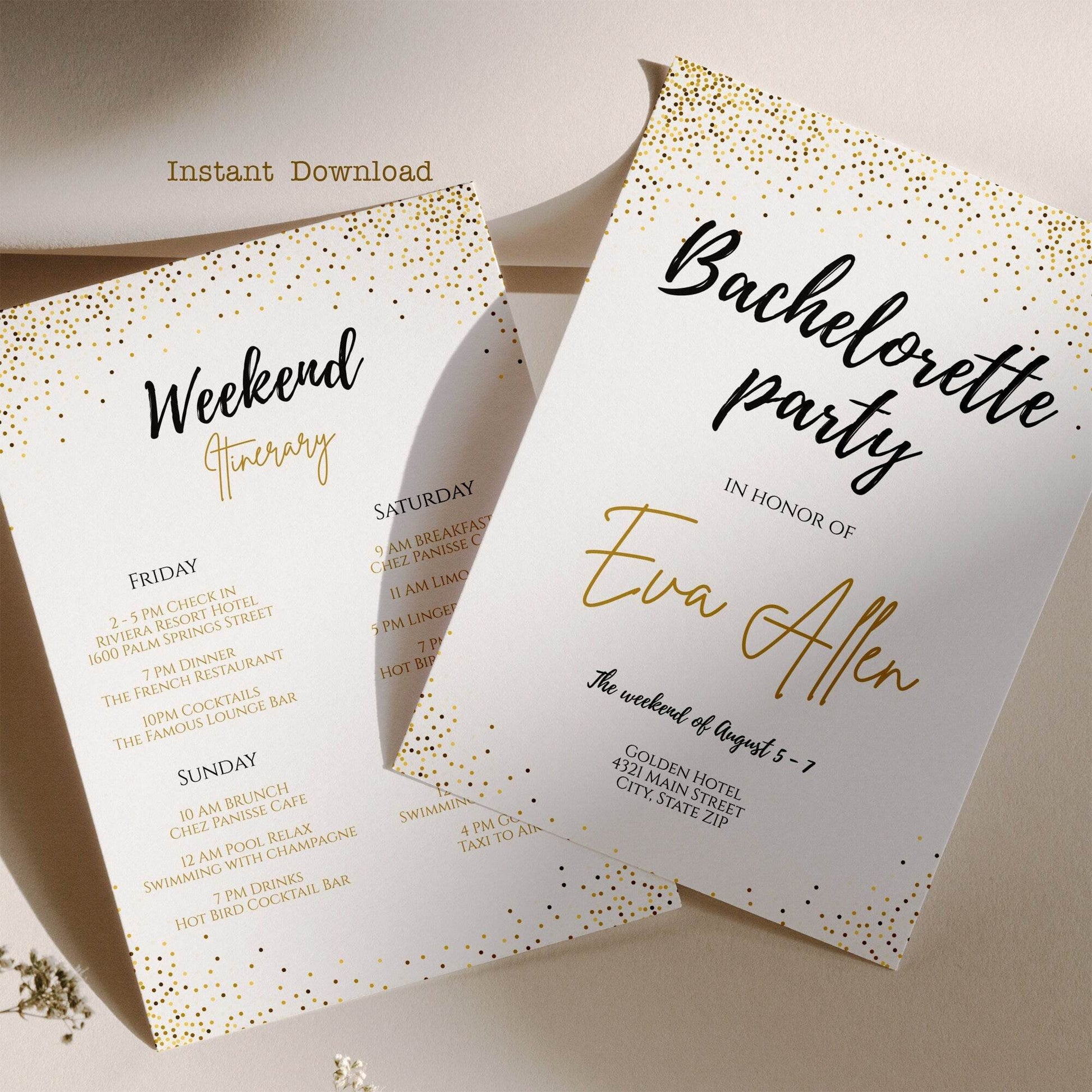 Bachelorette Weekend Invitation Template – Printable Gold Sparkle Itinerary – Editable Bridal Party Invite – Instant Download DIY Bachelorette Itinerary