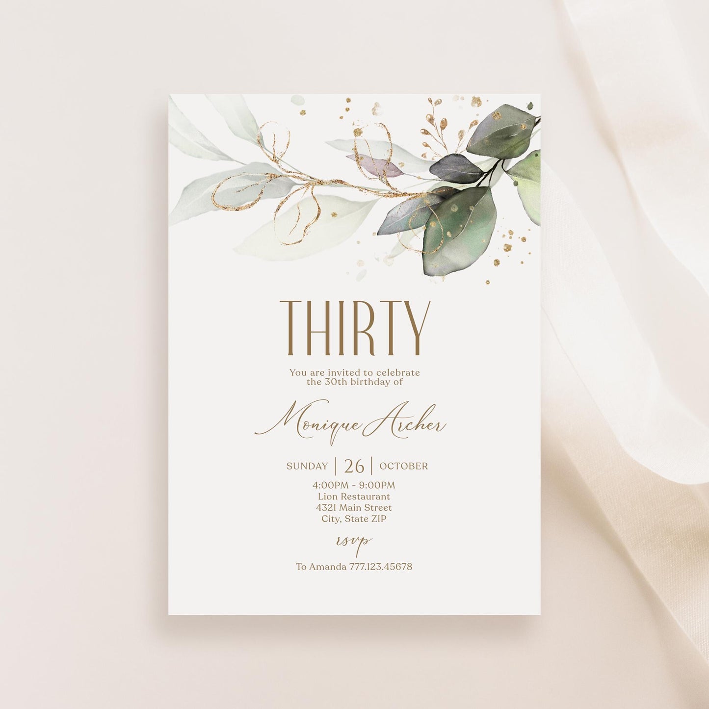 Editable Thirty 30th birthday Invitation Card Template, Printable Greenery Gold Leaves Birthday Invite, Digital Template, Email Text Message