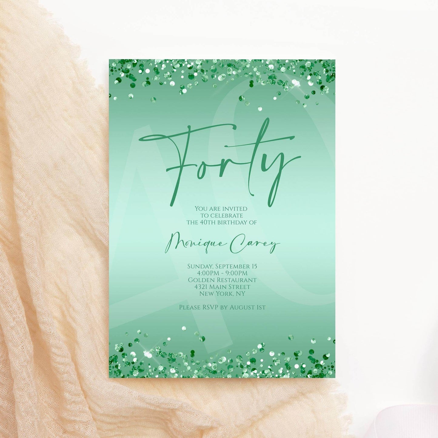 Mint 40th Birthday Invitation Template – Printable Glitter Confetti Invite for Women | Editable Luxury Party Evite | Email Text Message | Instant Download