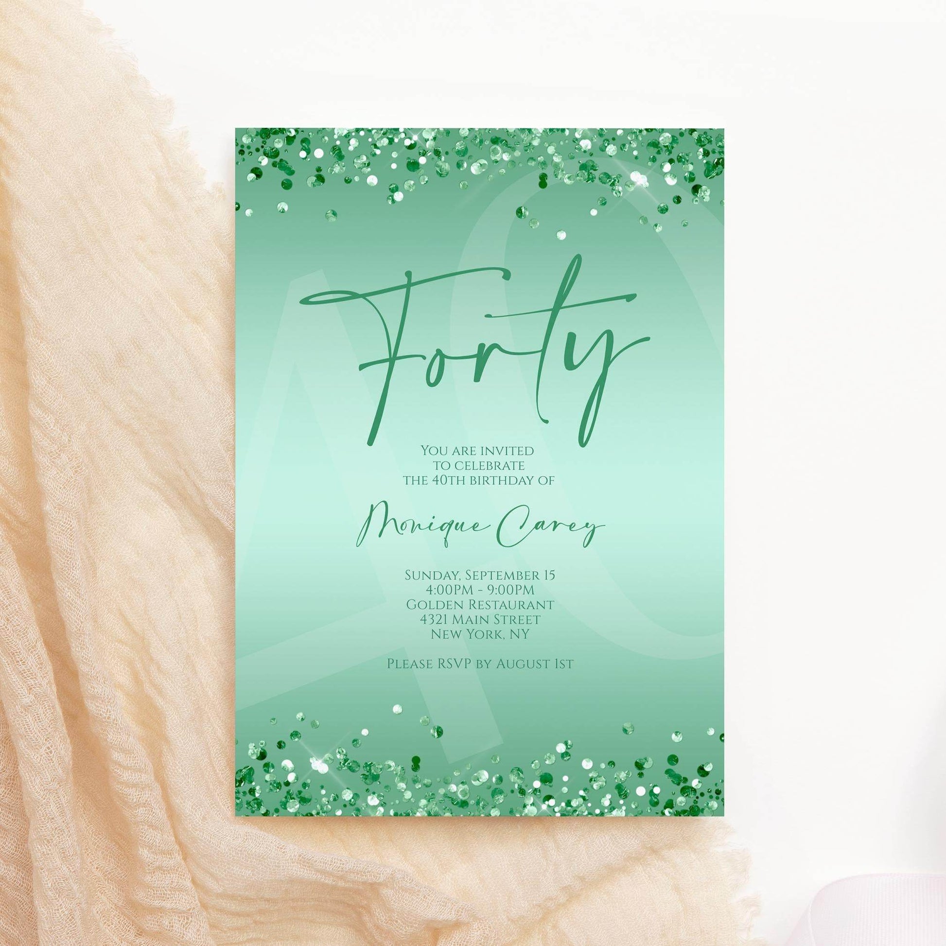 Mint 40th Birthday Invitation Template – Printable Glitter Confetti Invite for Women | Editable Luxury Party Evite | Email Text Message | Instant Download