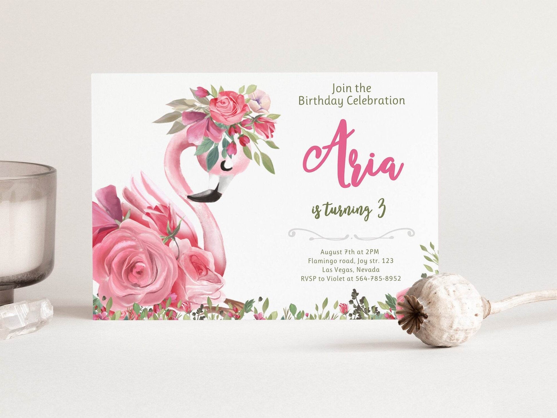 Pink Flamingo Girl Birthday Invitation, Editable Floral Pink First Birthday Invite, Tropical Birthday Party Invitation, Instant Download
