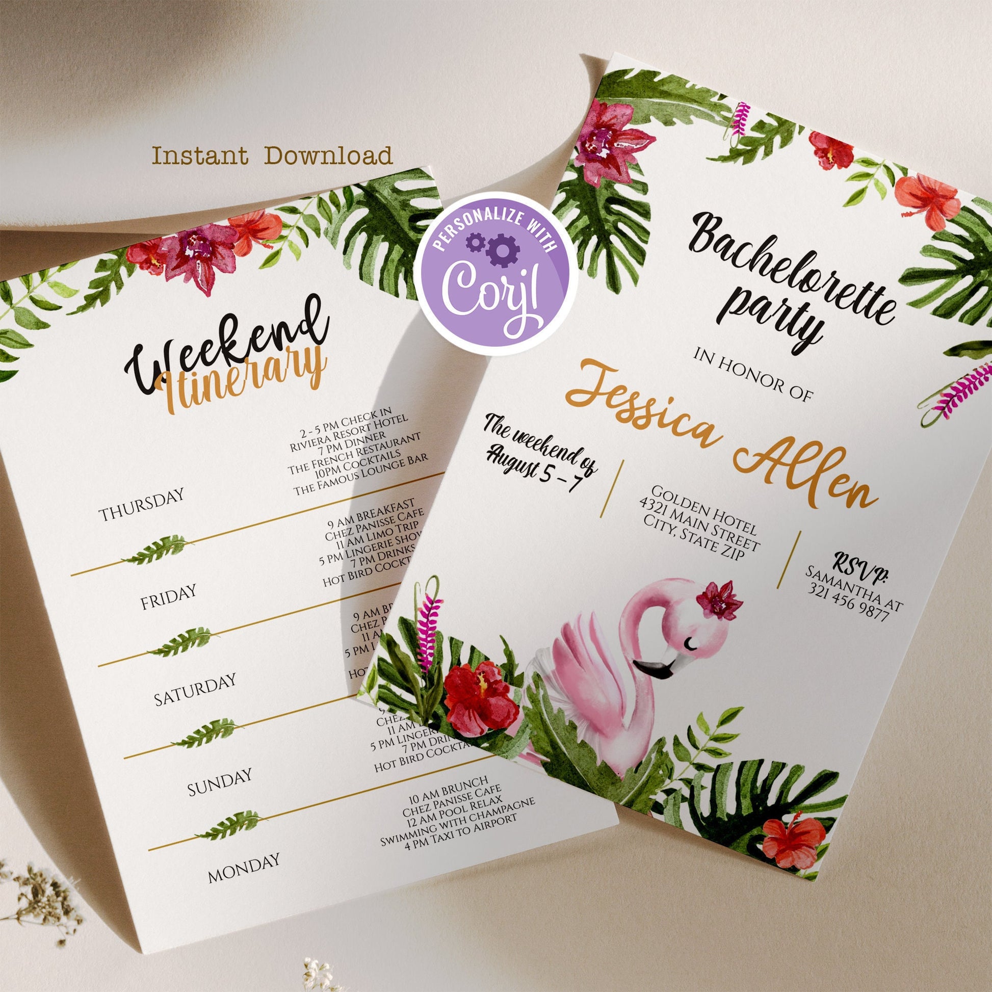 Flamingo Tropical Bachelorette Party Invite with Itinerary, Summer Bachelorette Weekend Invitation, Bachelorette Template Instant Download
