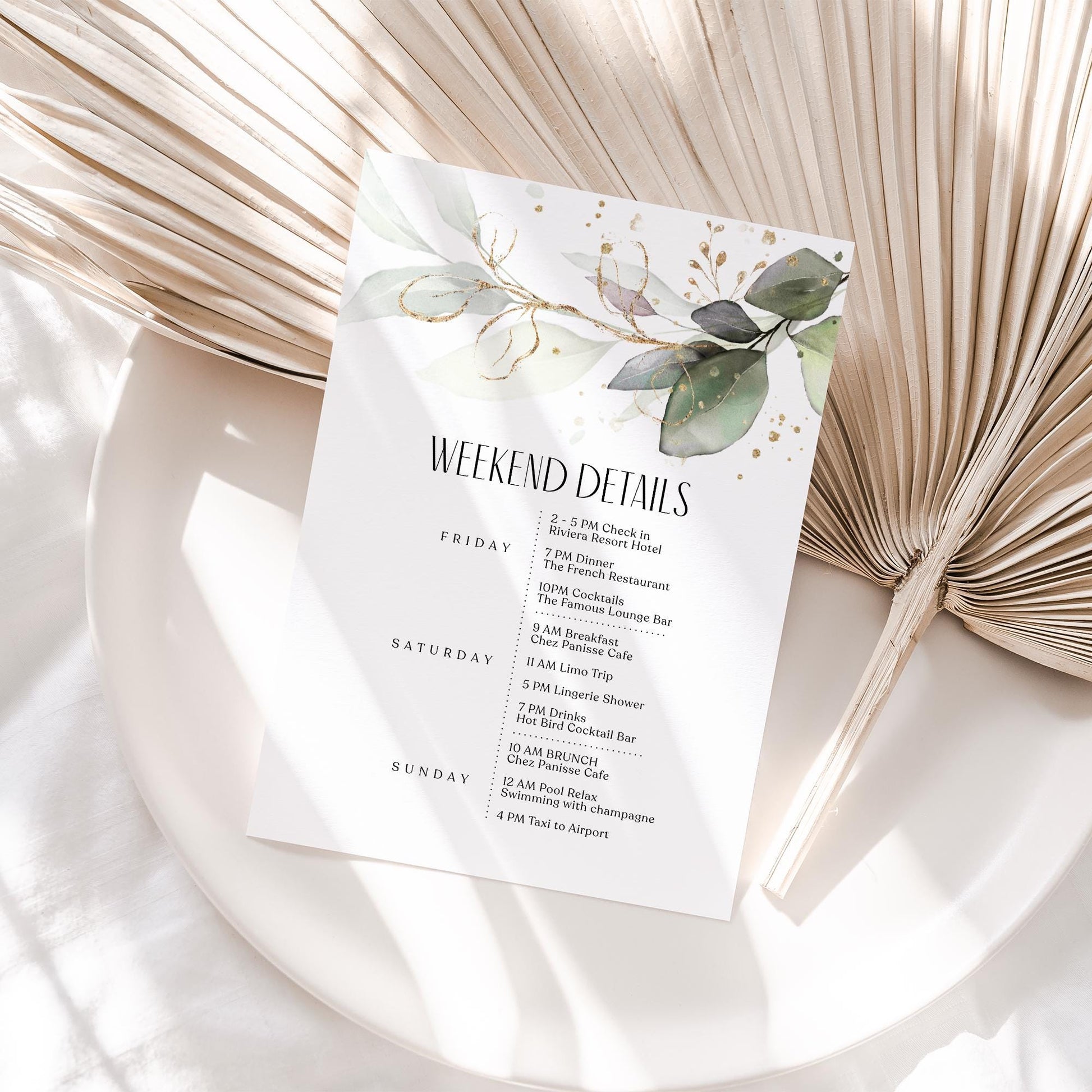 Editable Greenery Wedding Itinerary Card Template, Eucalyptus Wedding Weekend Details Template, Digital Timeline Schedule Weekend Events