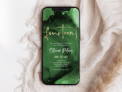 14th Birthday Invitation Template - Green Emerald Gold Foil Design | Instant Download