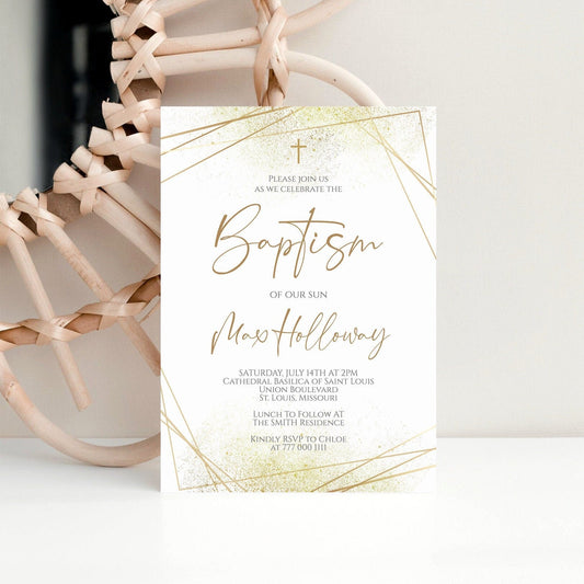 Elegant Gold Geometric Baptism Invitation, Gold Baptism Template, Printable Baptism Invite, Editable Christening Template, Instant Download