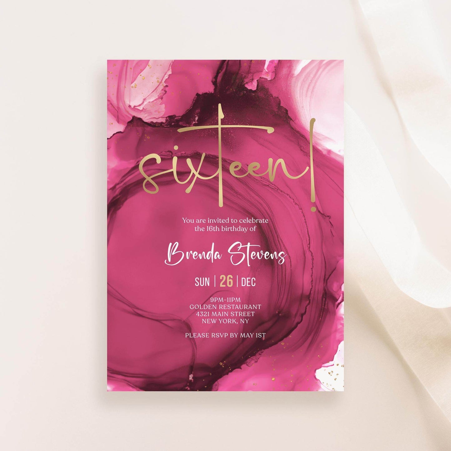 Fuchsia Pink Gold 16th Birthday Invitation Template – Printable Sweet Sixteen Dinner Party Invite | Editable Pink Girl Surprise Invitation | Instant Digital Download