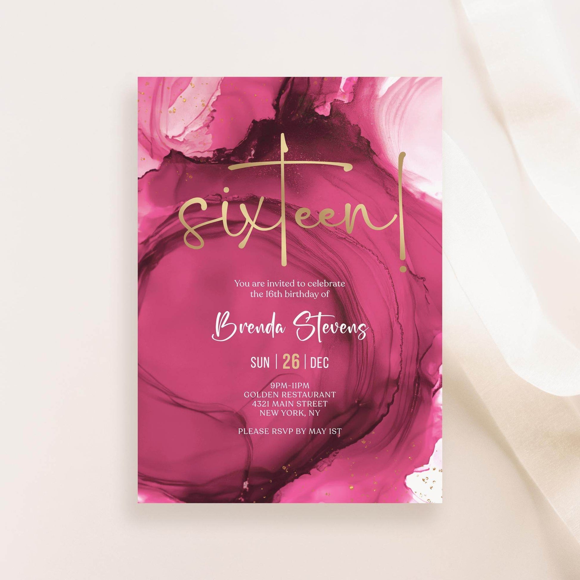 Fuchsia Pink Gold 16th Birthday Invitation Template – Printable Sweet Sixteen Dinner Party Invite | Editable Pink Girl Surprise Invitation | Instant Digital Download