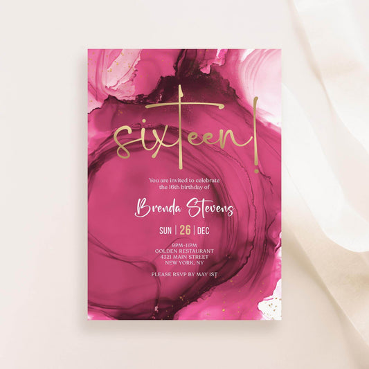 Fuchsia Pink Gold 16th Birthday Invitation Template – Printable Sweet Sixteen Dinner Party Invite | Editable Pink Girl Surprise Invitation | Instant Digital Download