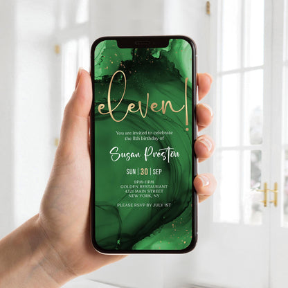 Green Emerald Gold 11th Birthday Invitation Template – Digital Birthday Party Invite – Editable Electronic Evite for Email & Text – Instant Download