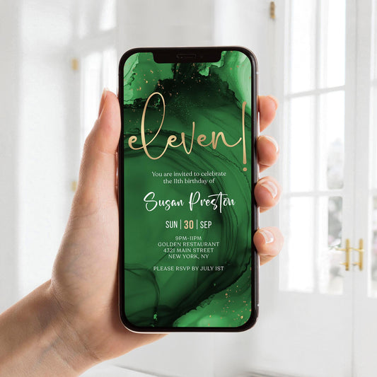 Green Emerald Gold 11th Eleven Birthday Invitation Template, Digital Birthday Party Invite, Electronic Invitation, Email Text Message Evite, Instant Download 