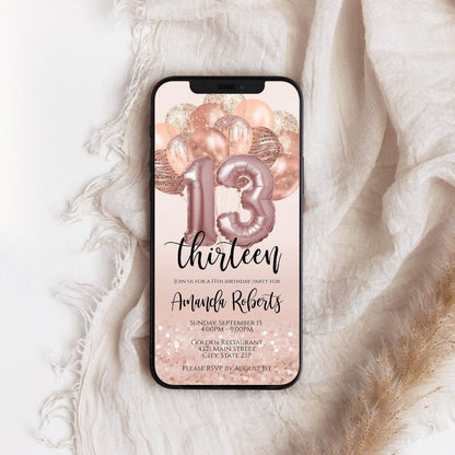 13th Girl Birthday Electronic Invite, Editable Thirteen Birthday Invitation, Email & Text Message Evite, Custom Mobile Digital Template