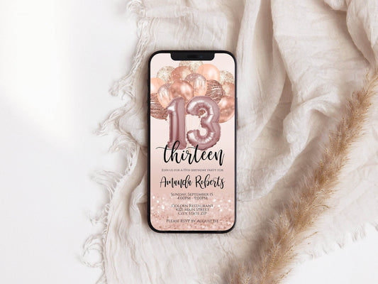 13th Girl Birthday Electronic Invite, Thirteen Editable Invite, Email Text Message, Custom Mobile Invitation, Evite, DIY Digital Template - MagicalEventCo