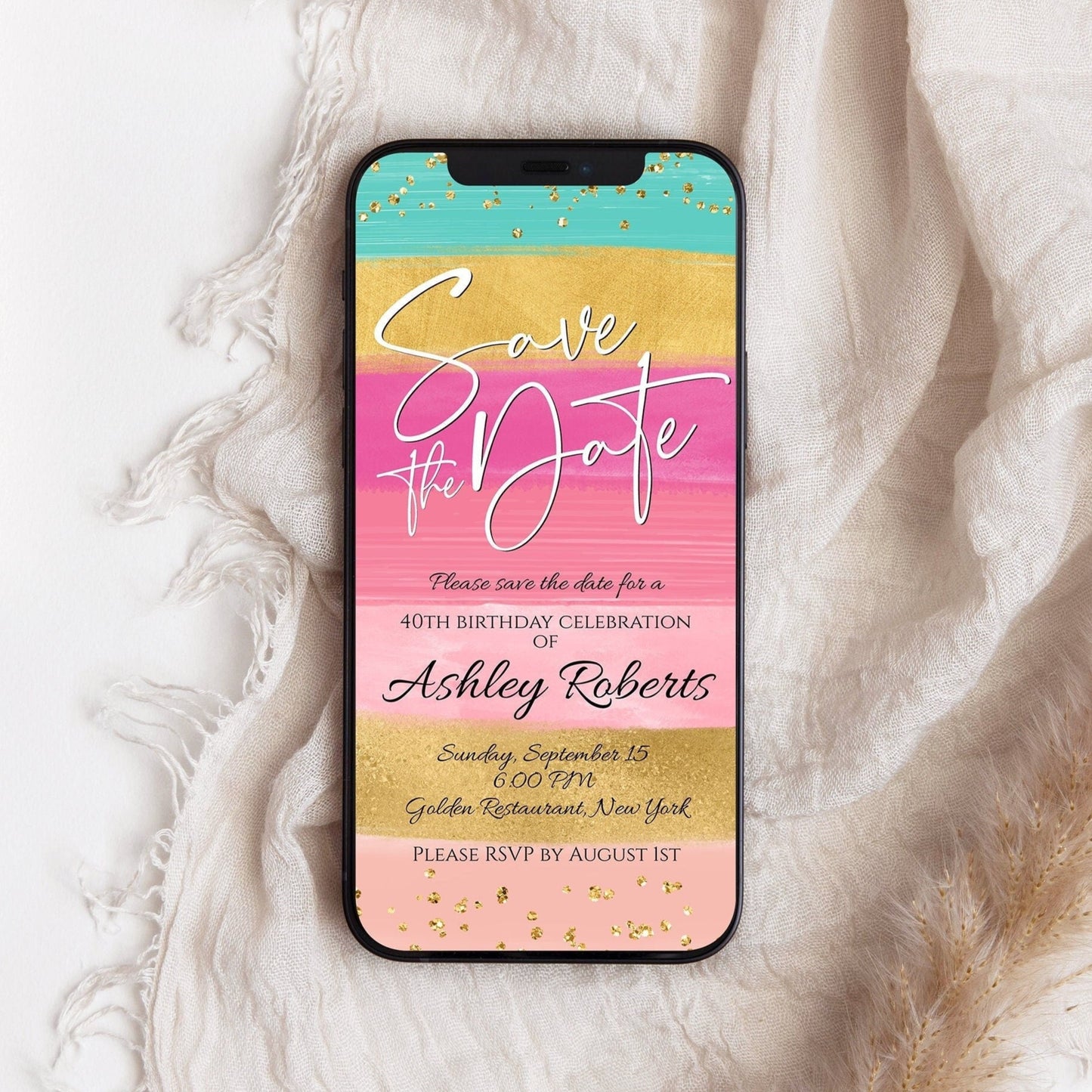 Rainbow Gold Save the Date Text Invitation | Editable Digital Birthday Evite | Any Age Invite Template | Instant Download