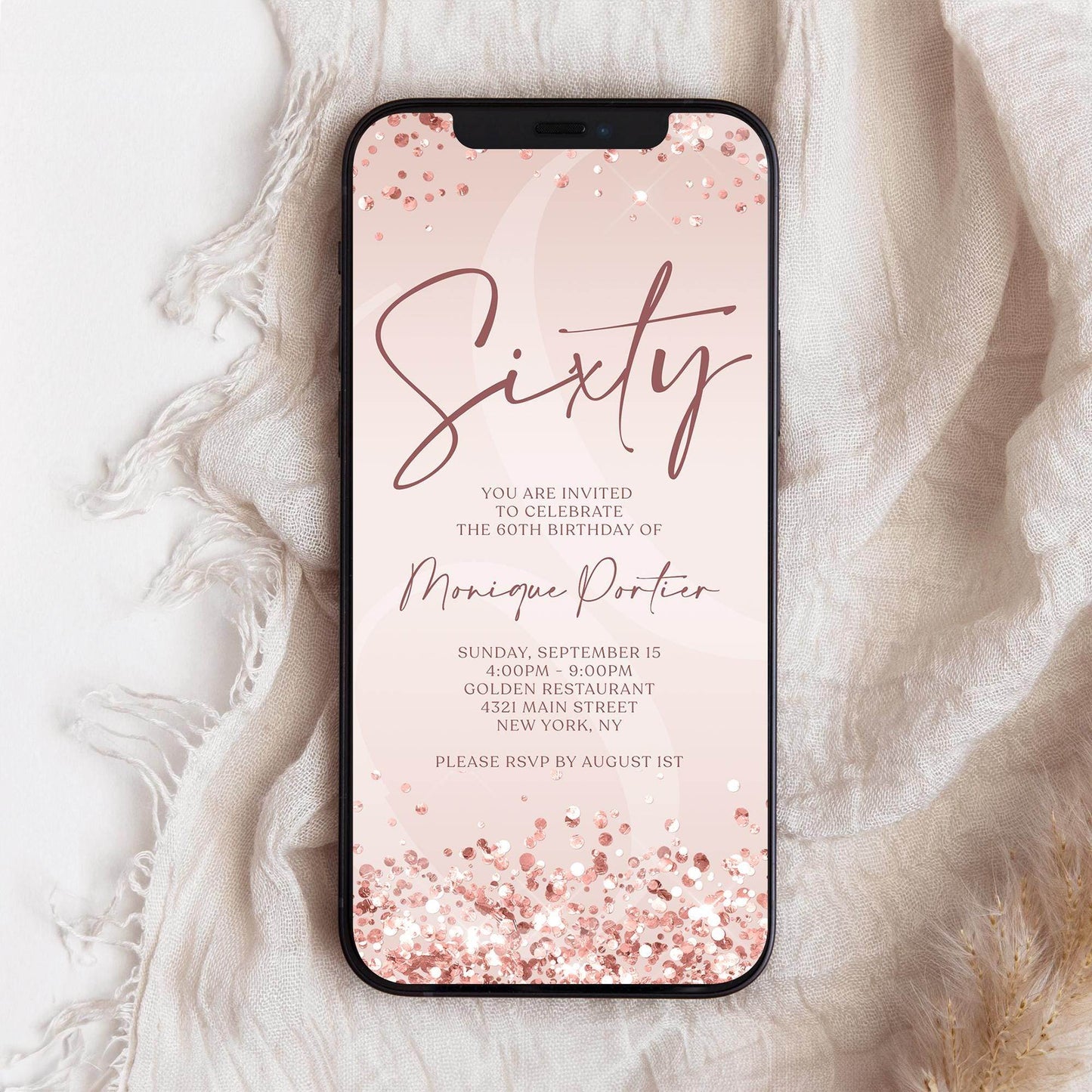Digital 60th Birthday Invitation Template, Rose Gold Confetti Evite, Editable Sixty Phone Invite, Text Message Birthday, Instant Download