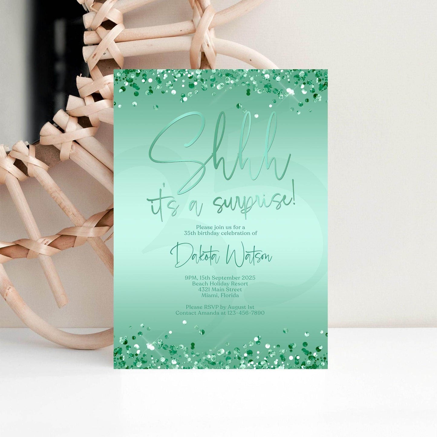 Printable Shhh It's a Surprise Invitation Template | Editable Green Mint & Gold Birthday Invite | Any Age Surprise Party Evite | Digital Download
