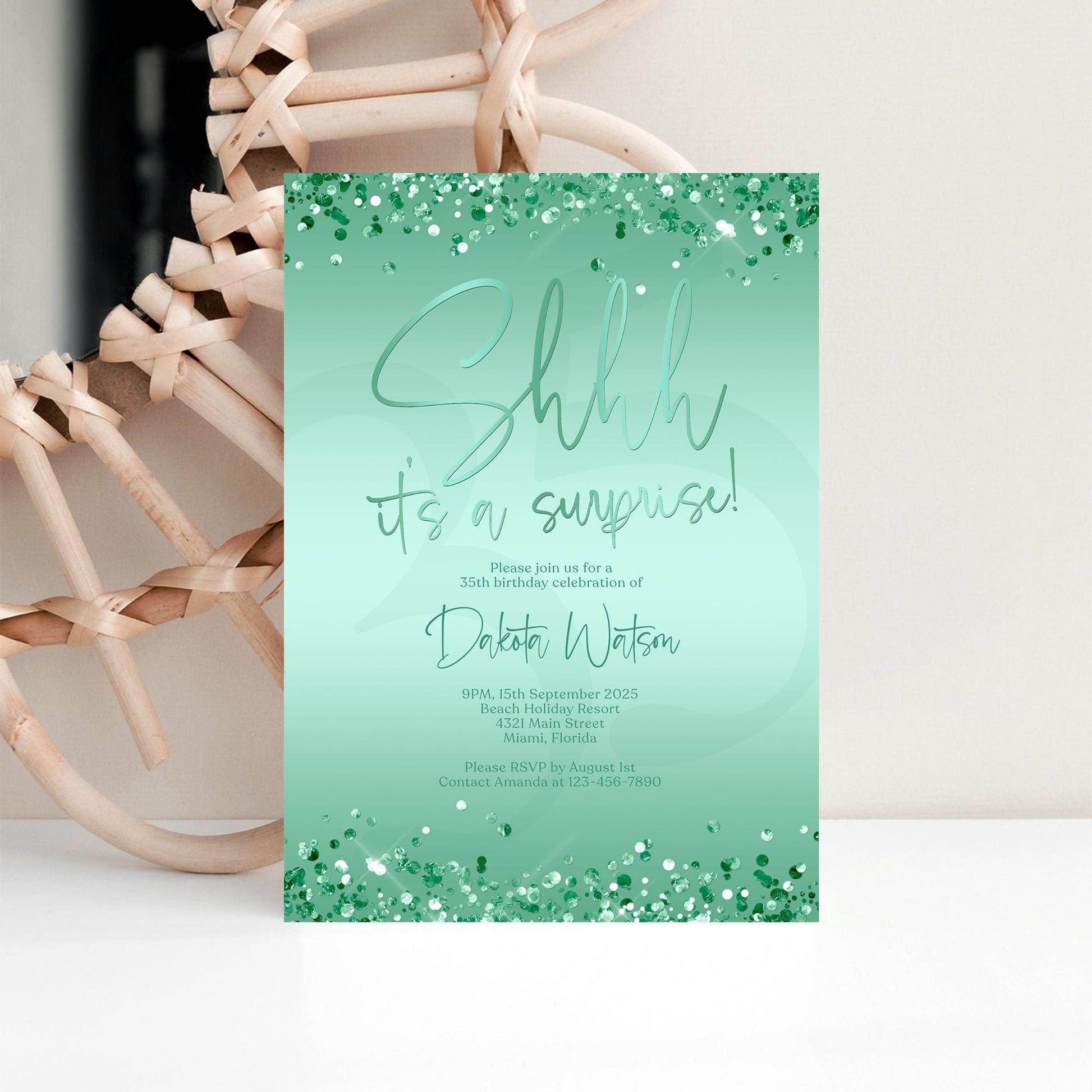 Printable Shhh It's a Surprise Invitation Template | Editable Green Mint & Gold Birthday Invite | Any Age Surprise Party Evite | Digital Download