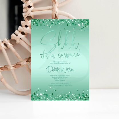 Printable Shhh It's a Surprise Invitation Template | Editable Green Mint & Gold Birthday Invite | Any Age Surprise Party Evite | Digital Download