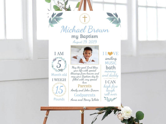 Baptism Milestone Sign, Blue Greenery Baptism Chalkboard Sign, Gold Baptism Decorations, Baptism Poster Boy Baptism Board Printable Editable