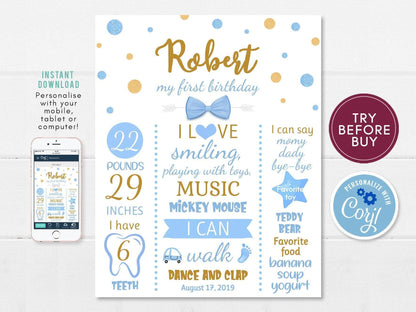 First Birthday Poster – Blue & Gold Confetti Milestone Sign for Boy | 1st Birthday Chalkboard Style | Editable Digital Birthday Board
