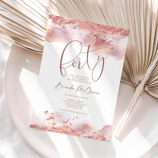 Rose Gold 40th Birthday Invitation Template | Editable Forty Women Birthday Card | Printable Rose Gold Foil Invite | Text Message Digital Download