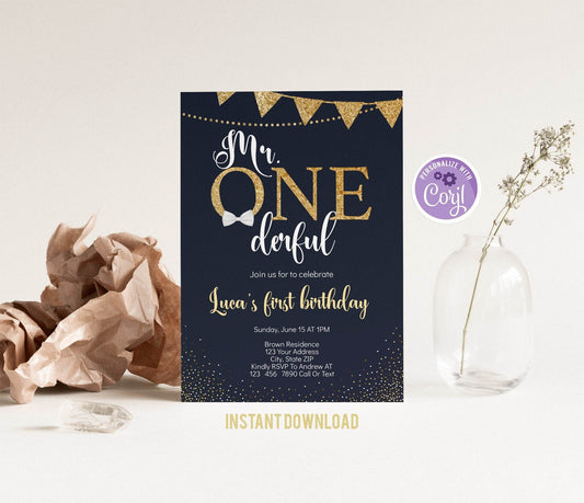 Mr. ONEderful First Birthday Invitation | Navy Blue Printable Boy Invite | Editable 1st Birthday Template | Instant Download