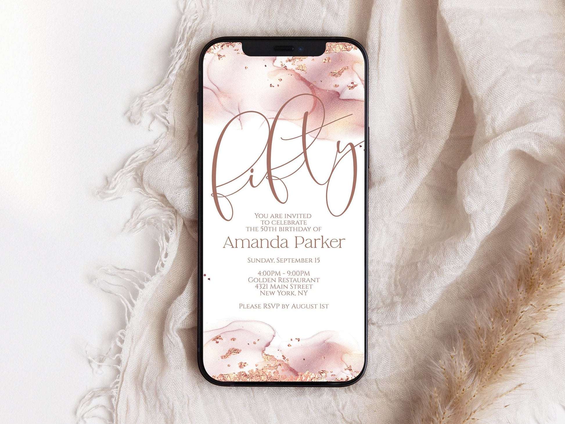 50th Birthday Digital Invitation Template, Rose Gold Foil Editable Evite, Phone Text Message Invite, Instant Download