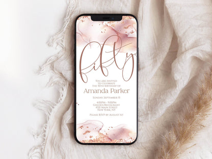 50th Birthday Digital Invitation Template, Rose Gold Foil Editable Evite, Phone Text Message Invite, Instant Download