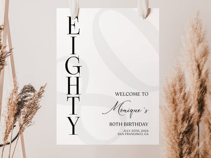 Simple 80th Eighty Birthday Welcome Sign Template, Minimalist Birthday Printable Welcome Poster, Editable Birthday Welcome Sign
