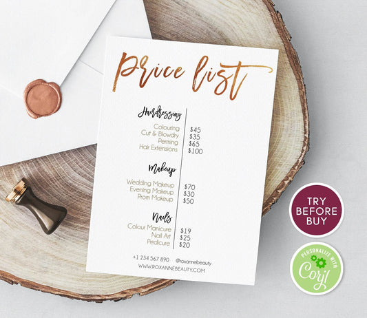 Gold Price List Editable Template, Business Pricing Guide, DIY Price Chart for Beauty Salon, Printable Price Sheet, Instant Download