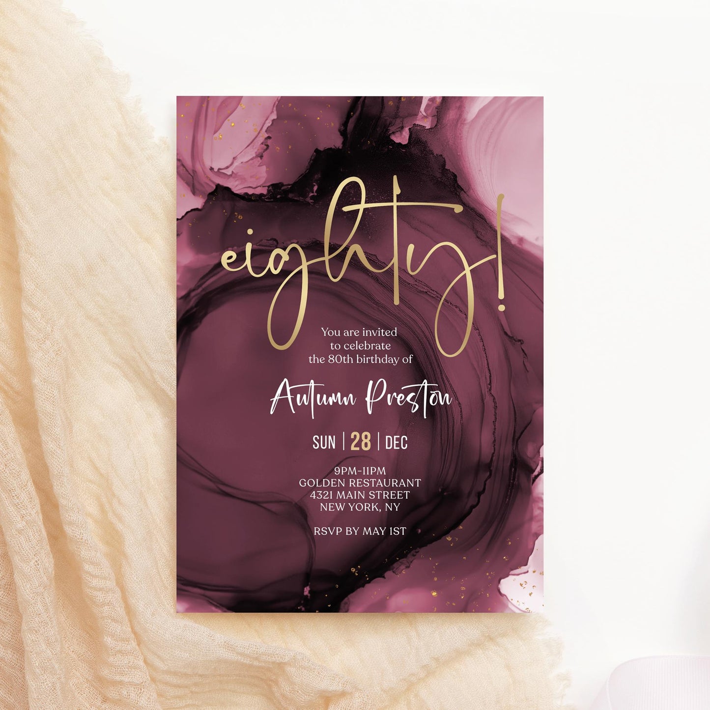 Purple Maroon Gold 80th Eighty Birthday Invitation Template, Printable Birthday Invite, Editable Surprise Birthday Invitation, Digital Download