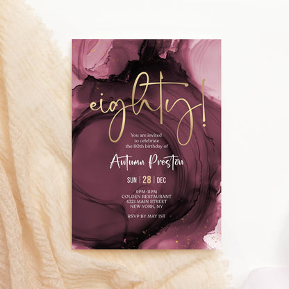 Purple Maroon Gold 80th Eighty Birthday Invitation Template, Printable Birthday Invite, Editable Surprise Birthday Invitation, Digital Download