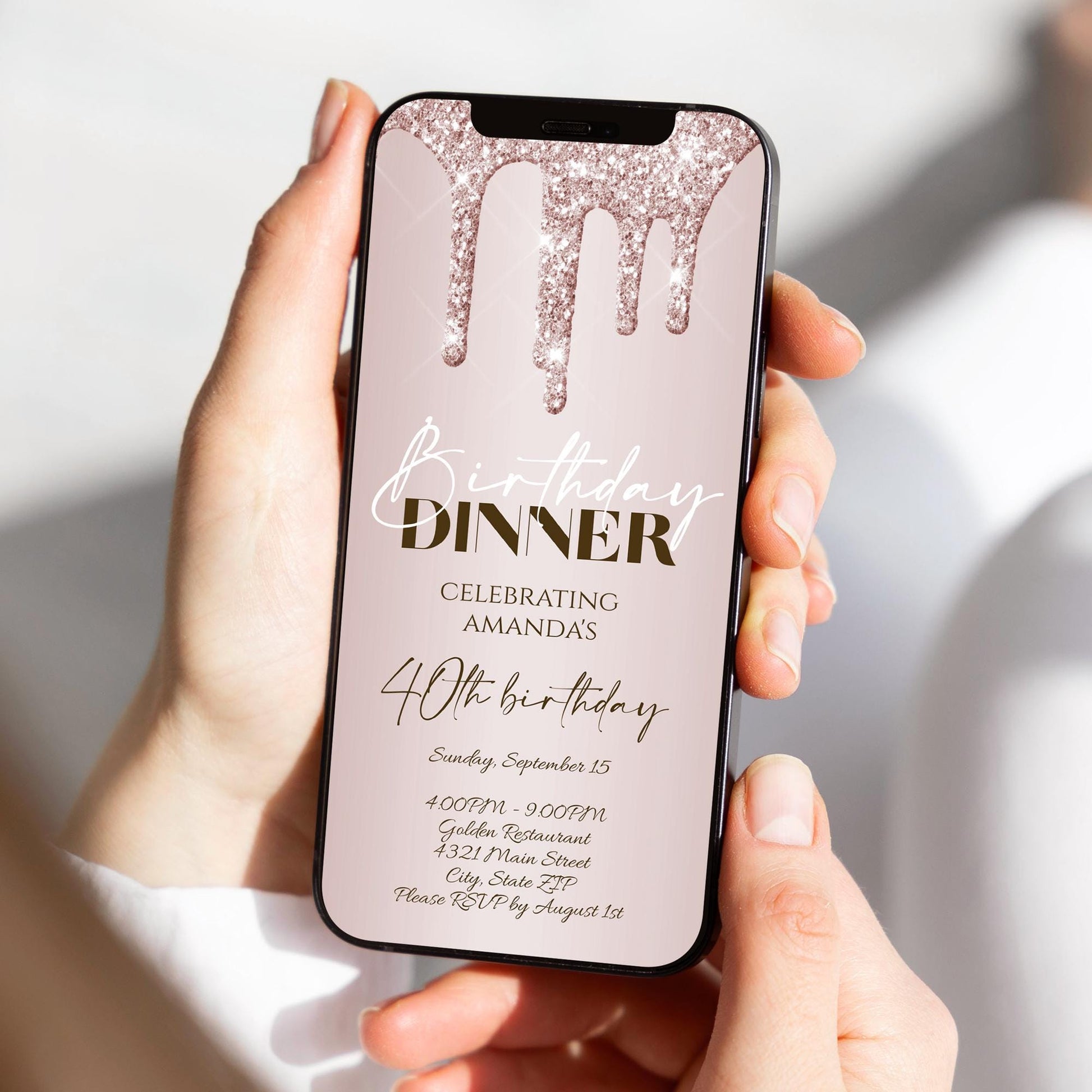 Electronic Birthday Dinner Evite, Rose Gold Glitter Phone Invite, Digital Template, Luxury Birthday Invite Text Message Invitation Paperless