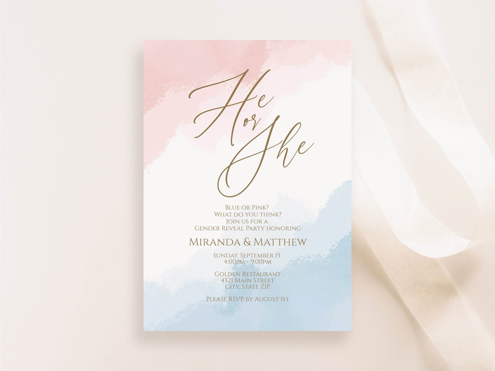 Printable Gender Reveal Invitation Template, He or She Neutral Baby Shower Invite, Boy or Girl Editable Invitation, Pink Blue Watercolor