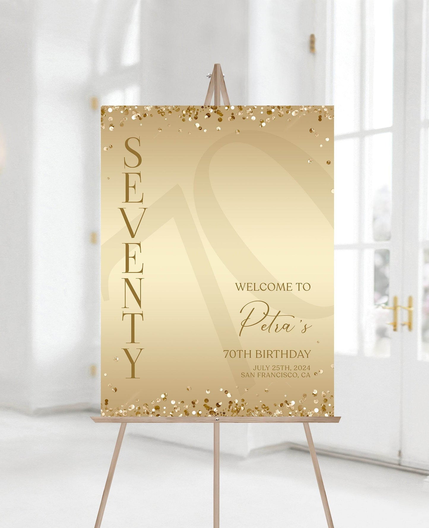 70th Birthday Welcome Sign Template | Gold Editable Party Sign | Printable Luxury Welcome Poster | Modern 70th Birthday Decor | Instant Download