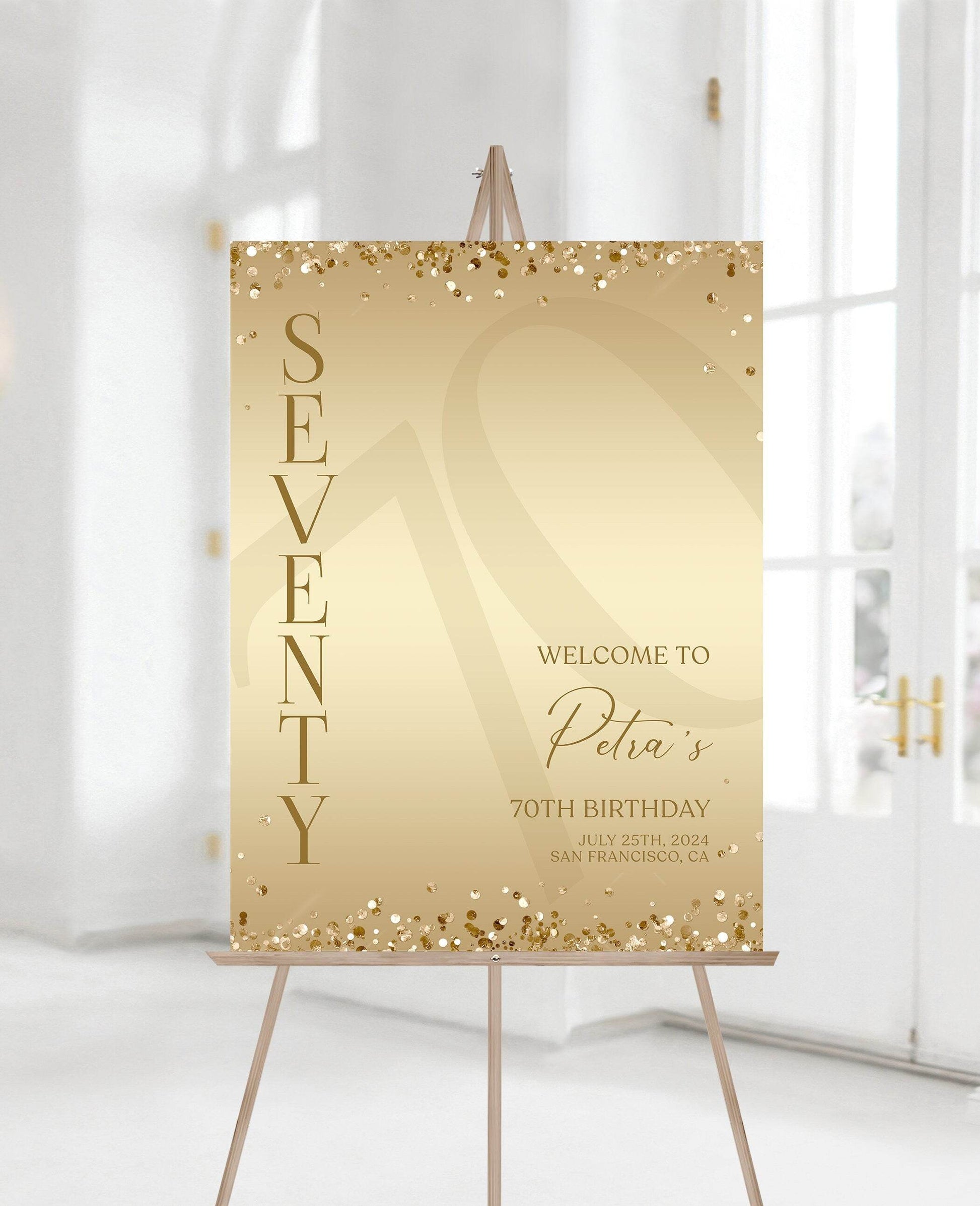 70th Birthday Welcome Sign Template | Gold Editable Party Sign | Printable Luxury Welcome Poster | Modern 70th Birthday Decor | Instant Download