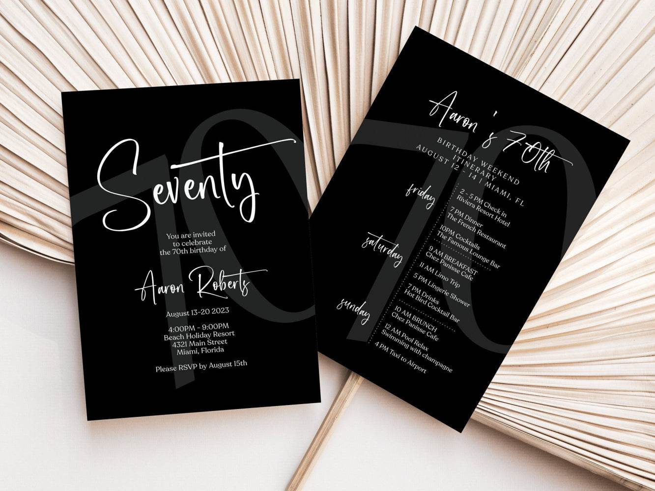 Printable Simple Black 70th Birthday Weekend Itinerary Template – Editable Minimalist Birthday Weekend Schedule, Digital Invite Download