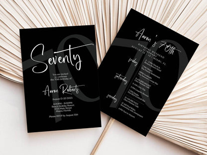 Printable Simple Black 70th Birthday Weekend Itinerary Template – Editable Minimalist Birthday Weekend Schedule, Digital Invite Download