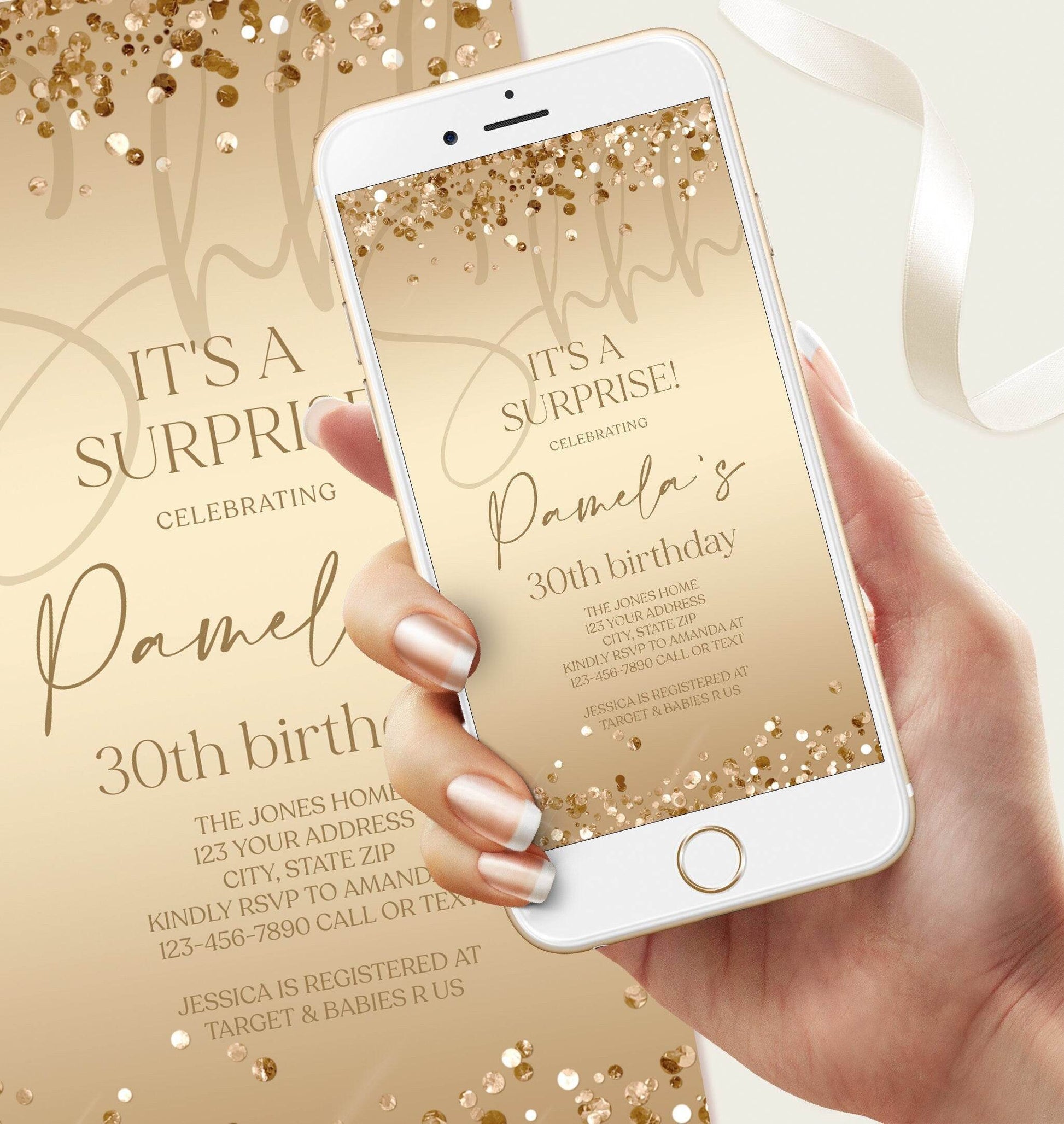 Digital “Shhh… It’s a Surprise” 30th Birthday Invitation – Editable Gold Mobile Text Message Evite | Any Age Electronic Birthday Invite | Instant Download