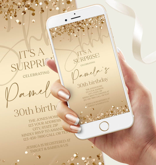 Digital “Shhh… It’s a Surprise” 30th Birthday Invitation – Editable Gold Mobile Text Message Evite | Any Age Electronic Birthday Invite | Instant Download