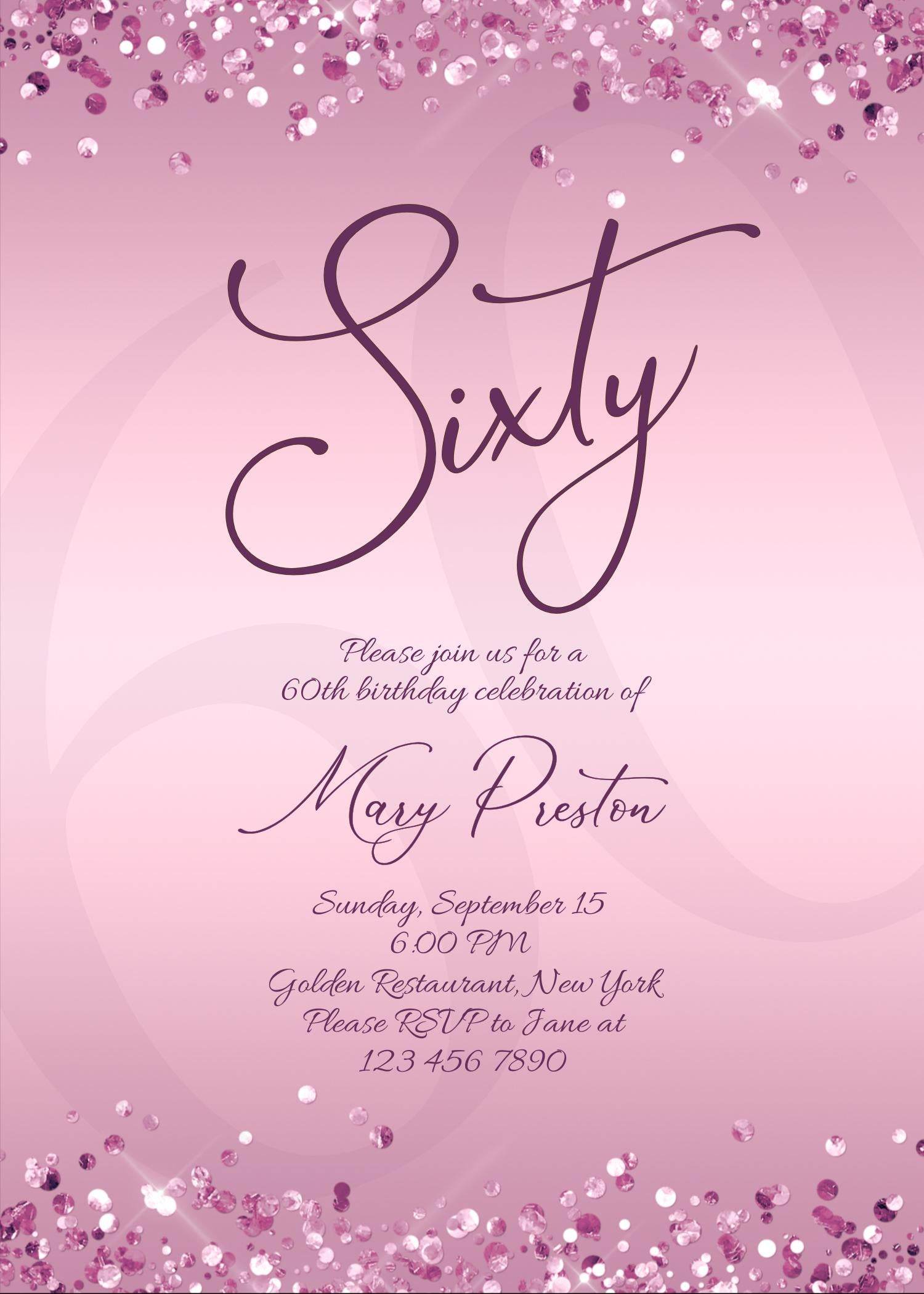 Editable 60th Birthday Invitation Template for Women, Printable Purple Gold Birthday Party Invite, Luxury Lavender Birthday Dinner Card, Email Text Message Evite, Instant Download