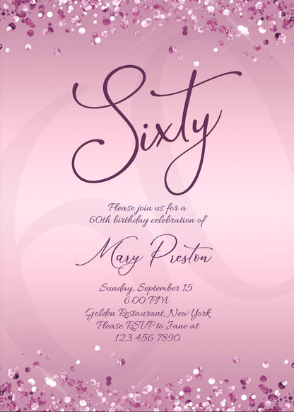 Editable 60th Birthday Invitation Template for Women, Printable Purple Gold Birthday Party Invite, Luxury Lavender Birthday Dinner Card, Email Text Message Evite, Instant Download