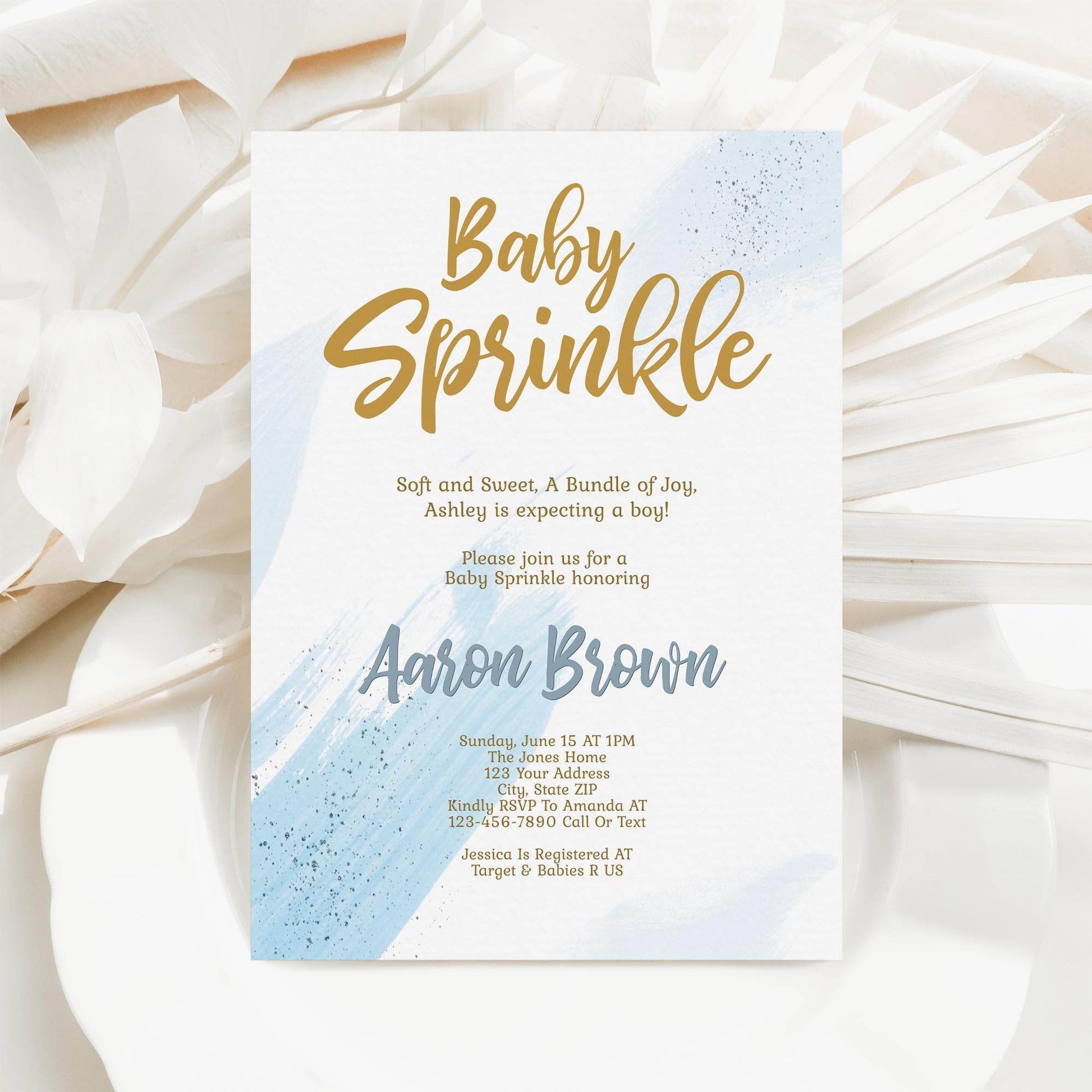 Boy Baby Sprinkle Invitation Template, Editable Blush Blue & Gold Sprinkle Invite, Printable Baby Sprinkle Card Evite, Instant Download
