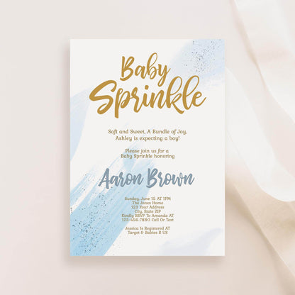 Boy Baby Sprinkle Invitation Template, Editable Blush Blue & Gold Sprinkle Invite, Printable Baby Sprinkle Card Evite, Instant Download