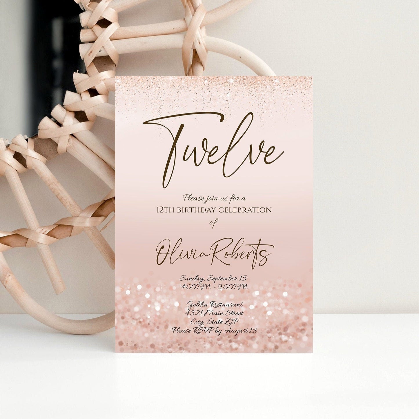 Luxury 12th Birthday Invitation Template - Rose Gold Glitter Design
